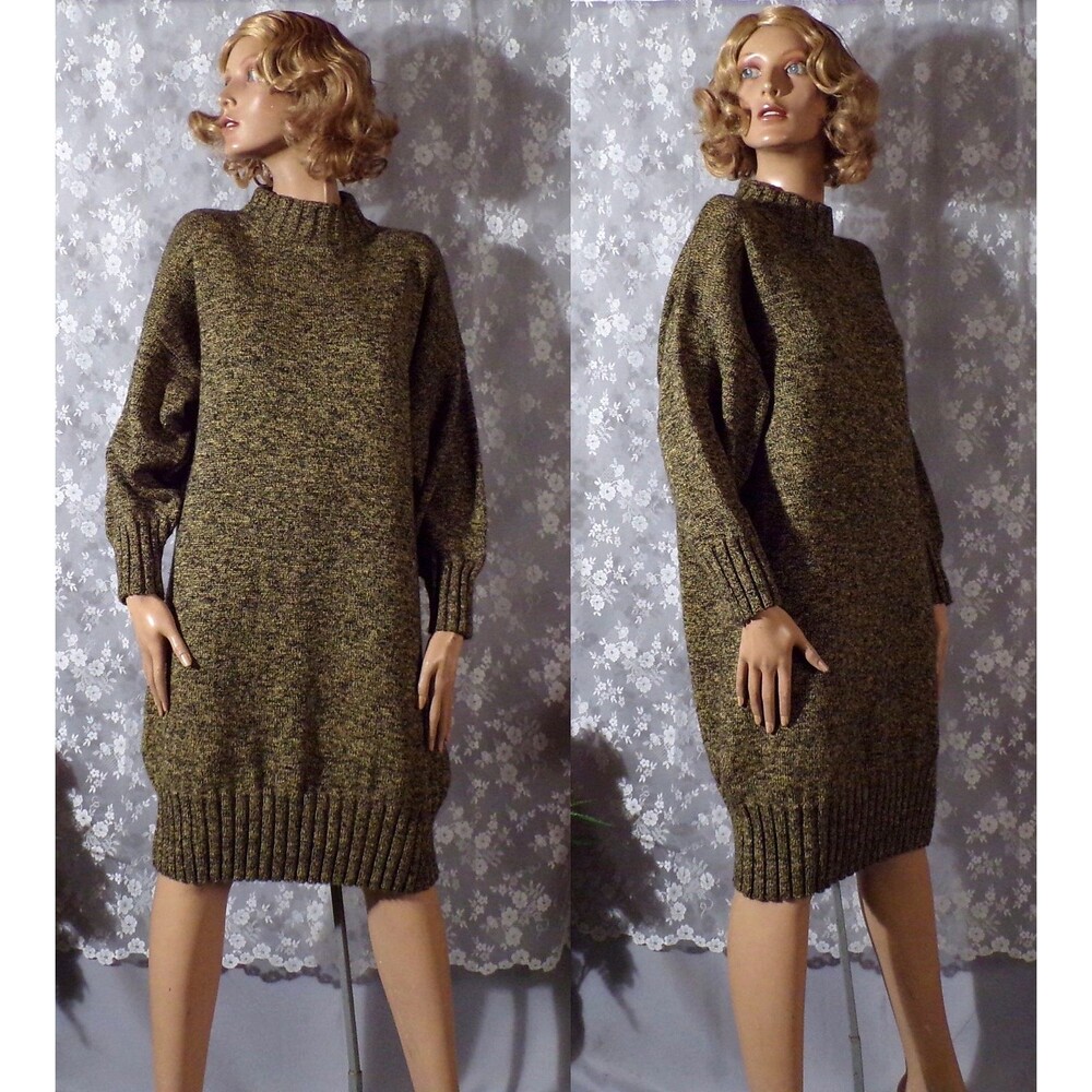 Vintage 80s Marled Sweater Dress Size Small Yellow Black Oversized Dark Academia